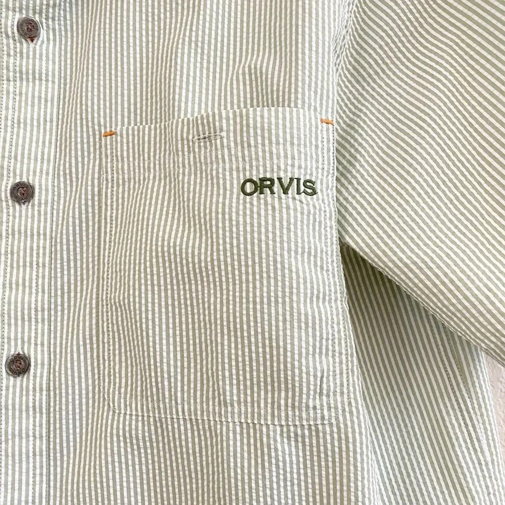 Orvis Mens‎ Classic Collection Seersucker Green Short Sleeve Button Up Shirt M